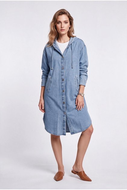 Kadın Rahat Kesim Kapüşonlu Düğmeli Denim Kap Elbise Midi Boy