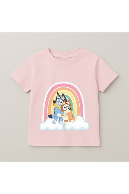 Bluey Rainbow Cloud Printed Kids T-Shirt 100% Cotton Pink