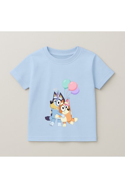 Bluey and Bingo Pastel Balloon Printed Kids T-Shirt 100% Cotton Baby Blue
