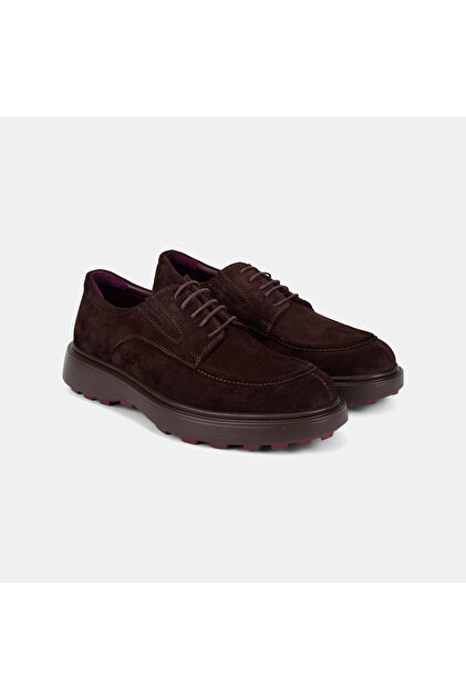 Men's Bitter Brown Lace-Up Suede Shoes with Threaded Soles