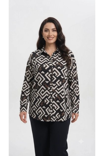 Geometrik Desenli Düğmeli Oversize Gömlek