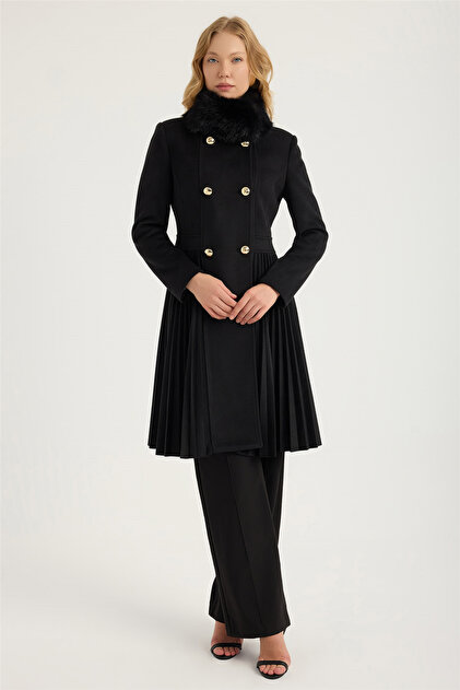 Stand Collar Fur 8 Button Pleated Coat