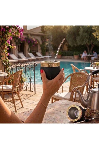 Premium Siyah Yerba Mate Kalebas Mate Bardağı + Bombilla + Temizleme Fırçası Seti