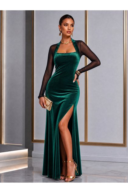 Velvet Elegance! Women's Square Neck Velvet Evening Dress with Tulle Sleeves and Transparent Slits
