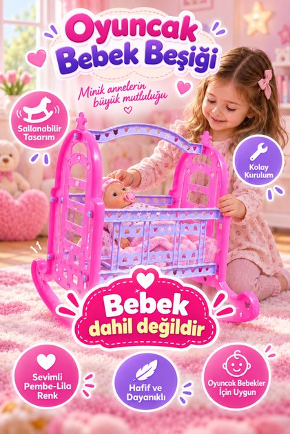 Sallanabilir Oyuncak Bebek Beşiği – Pembe Lila Renkli, Kolay Kurulumlu Çocuk Oyun Beşiği