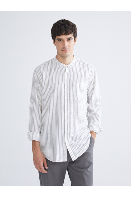 Lcwaikiki Classic White Regular Fit Judge Collar Men's Striped Poplin Shirt