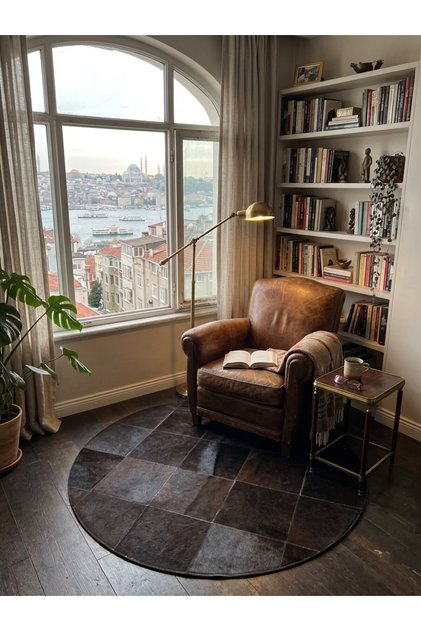 GERÇEK DANA DERİSİ PATCHWORK 11 KOYU KAHVE YUVARLAK ÖZEL TASARIM HALI
