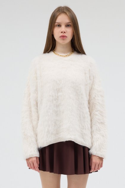 Women's Crew Neck Bearded Knitwear Sweater Ecru