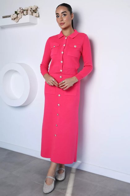 Fuchsia Button Detailed Cardigan Skirt Knitwear Two-Piece Set