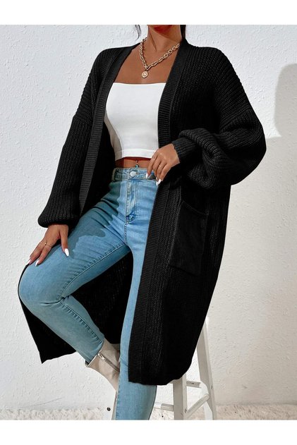 Kadın Siyah Uzun Triko Hırka Cepli Oversize Günlük Örme Hırka