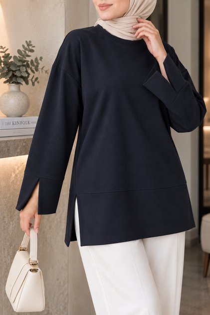 Kadın Füme Modal Kumaş Yırtmaç Detaylı Bisiklet Yaka Oversize Tesettür Tunik