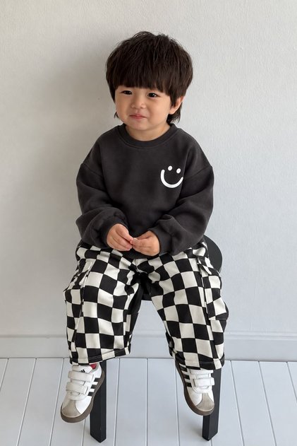 Smiling Face Printed Checkered Patterned Boys' 2-Piece Set - Black