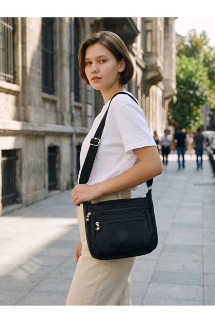 Black Multi-Compartment Fabric Shoulder and Messenger Bag