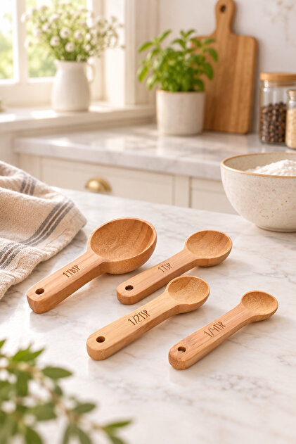 Bamboo Measuring Spoons Set of 4 Kitchen Measuring Spoons Set Natural Bamboo Practical Recipe Measuring Spoons