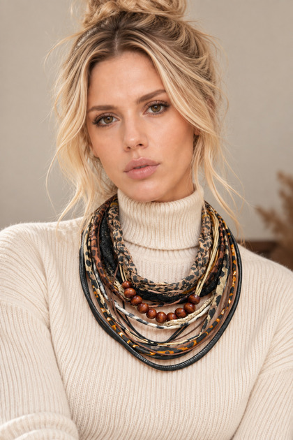 Matière Sauvage Special Design Layered Necklace |   Bohemian Statement Necklace |   Handmade Necklace with Wooden Beads, Leather and Fabric Details