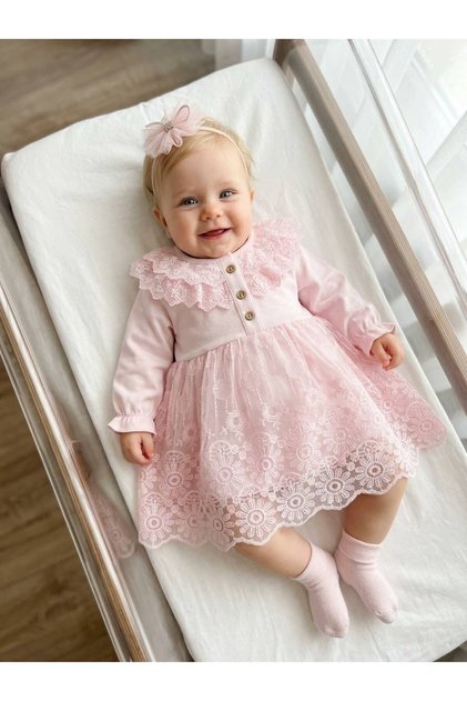 Baby Girl Mevlütlük Dress with Bandana and Lace Newborn Hospital Release Wedding Dress 100% Cotton Evening Dress Mevlitlik 4037