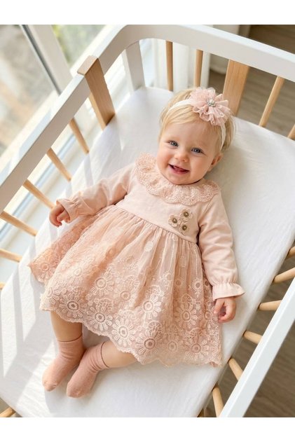 Baby Girl Mevlütlük Dress with Bandana and Lace, Newborn Hospital Release Wedding Dress, Evening Dress, 100% Cotton Mevlitlik 4036