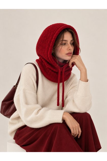 Women's Knitwear Red Balaclava Neck Collar Hat Byn05