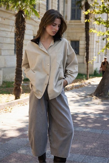 Kadife Yaka Oversize Trenç Gömlek -Bej