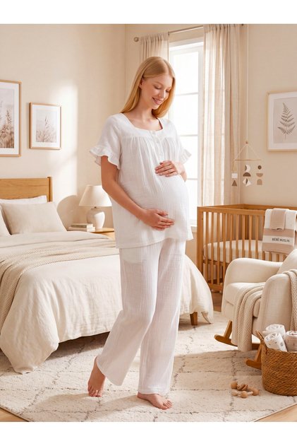 New Season Ecru Muslin Fabric Button Detailed Design Short Sleeve 100% Cotton Maternity Pajama Set