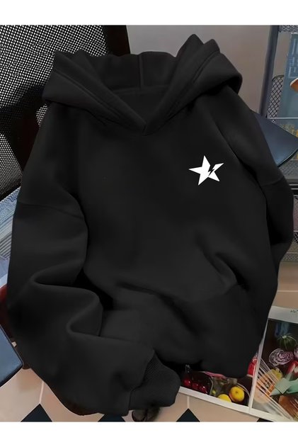 Star Printed Oversize Unisex Hooded Sweatshirt