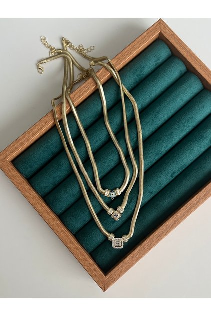 14K Kaplama Gold Renk Yıldızlı Yılan Zincir Kolye - Taşlı Yılan Zincir Kolye (46 cm)