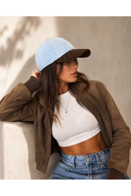 Baby Blue Leopard Trim Denim Cap Hat Spk29