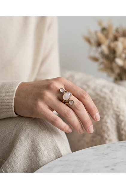Bronze Women's Ring Authentic Copper Jewelry Natural Stone Pink Quartz Stone Vintage Style Front Adjustable Vi