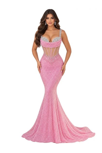 Rochie sirenă roz cu paiete și corset transparent, Roz