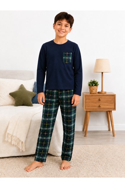 Erkek Çocuk Uzun Kollu Lacivert Ekose Cep Detaylı %100 Pamuklu Pijama Takımı