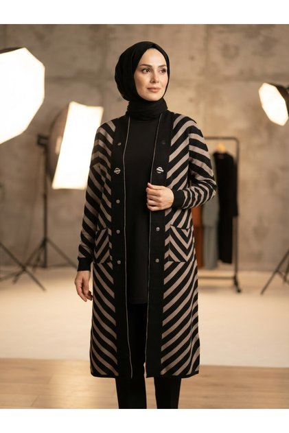 Women's Hijab Button Detailed Long Striped Cardigan