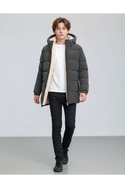 Boys' Winter Thick Fiber Filling Water and Wind Resistant Nano Fabric Stylish Comfortable Hooded Slim Fit Coat