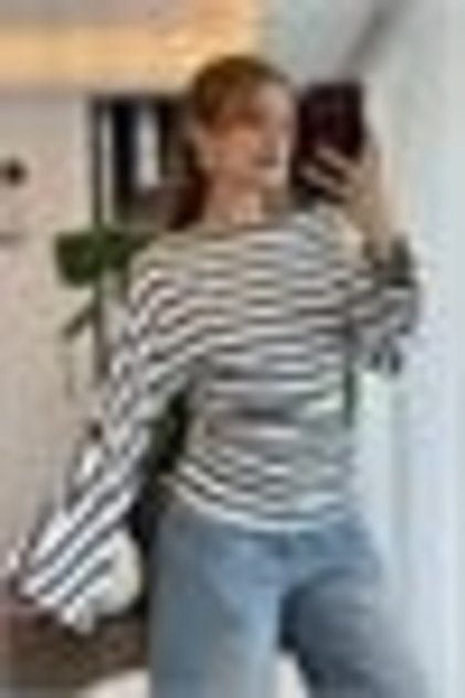 Navy Blue Viscose Lycra Blended Boat Neck Bat Sleeve Striped Side Gathered Knitted Blouse