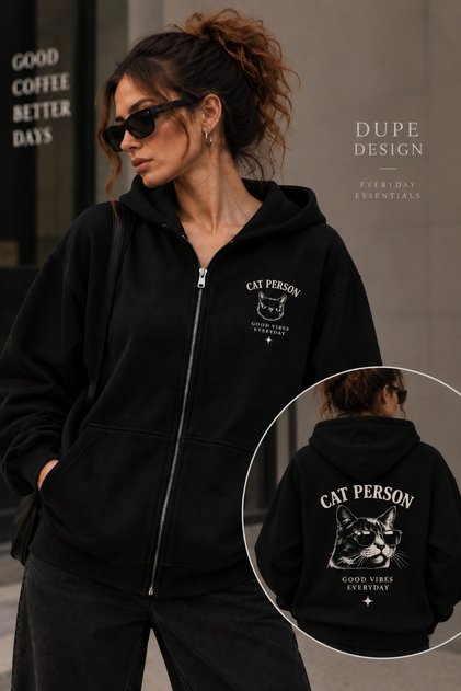 Cat Person Cat Printed Women's Oversize Black Hooded Zipper Cardigan – Front and Back Printed