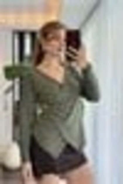 Green Viscose Blended Stretch Textured V-Neck Long Sleeve Asymmetrical Cut Buckle Detailed Blouse