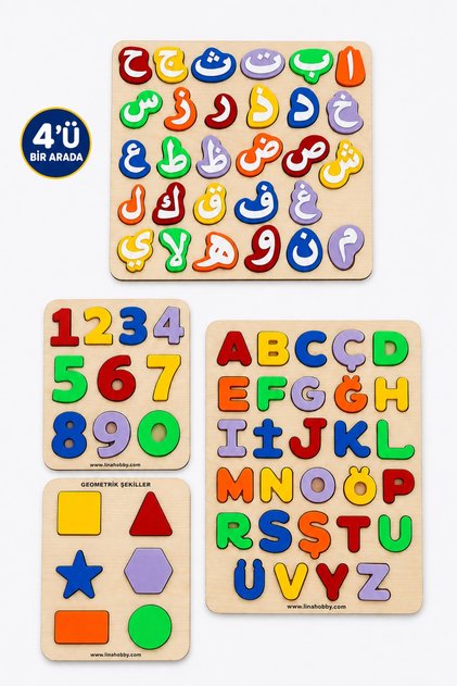 4-Piece Educational Puzzle Set Letter Number Geometry Arabic Letters