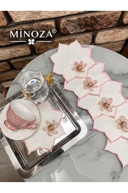 Star Shaped Colorful Embroidered Stain Resistant Fabric Presentation Napkin with Lotus Flower Brooch, Cocktail Napkin, Coffee Napkin, Coaster 6 Pieces