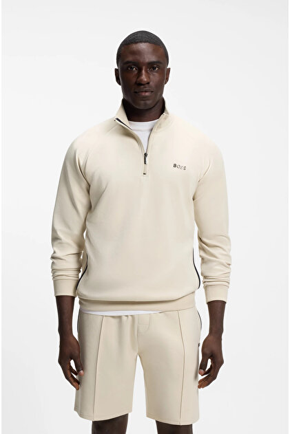 Erkek Normal Kalıp Yarım Fermuarlı Metalik Logo İmzalı Pamuklu Uzun Kollu Bej Sweatshirt