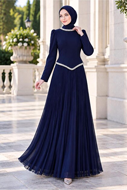 KADIN LACİVERT TAŞ DETAYLI PİLİSELİ ABİYE ELBİSE T 4763