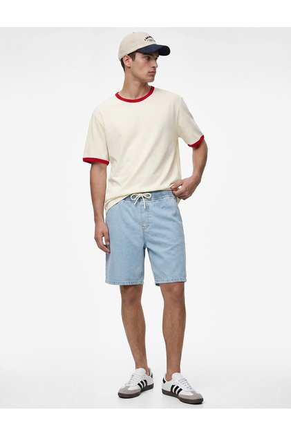 Comfortable Fit Pocketed Cotton Bermuda Shorts with Lace-Up Waist Baggy Jean Shorts