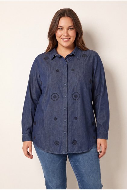 Stone Detailed Plus Size Denim Shirt Navy Blue