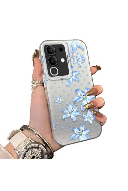 Vivo Y29 4g(V2434) Compatible Acrylic Hard Back Panel with Silicone Edges Blue Flower Printed Phone Case