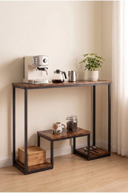Console Table, Coffee Corner, 3‑Tier Narrow Sofa Side Table with Asymmetrical Open Storage Shelves, Entryway Accent Table with Metal Frame for Hallway Living Room Bedroom, 110×30×87cm