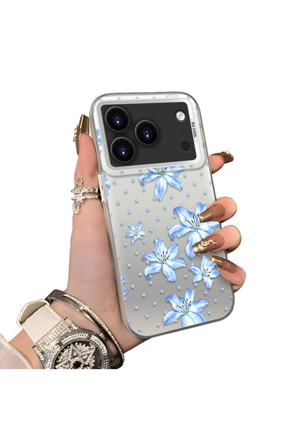 iPhone 17 Pro Compatible Acrylic Hard Back Panel Silicone Edged Blue Flower Printed Phone Case