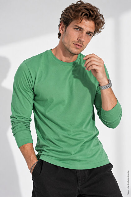 Men's Crew Neck Green Body 100% Cotton Long Sleeve T-Shirt
