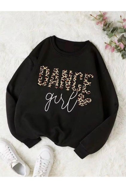 Girl's Leopard Dance Girl Printed Crew Neck Black Sweatshirt