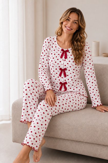 Reported Viscose Bow Detailed Overlocked Round Neck Long Sleeve Patterned Pajama Set