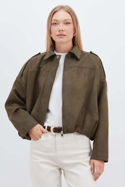 Zippered Polo Neck Suede Bomber Jacket