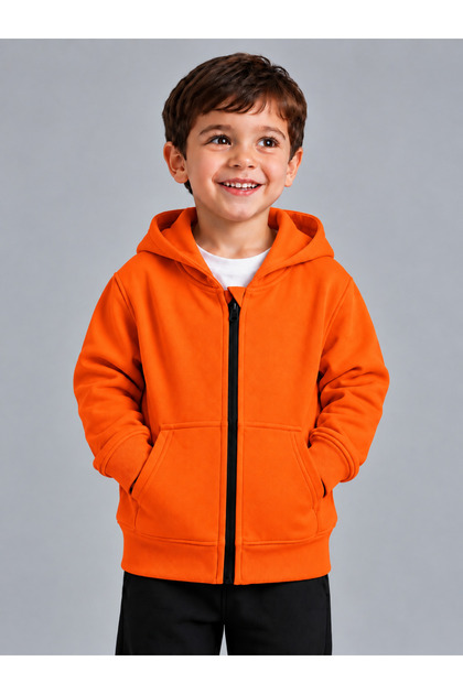 Unisex Children's Orange 100% Cotton Cardigan 3-Yarn Non-Wefted Fabric (4-Season)