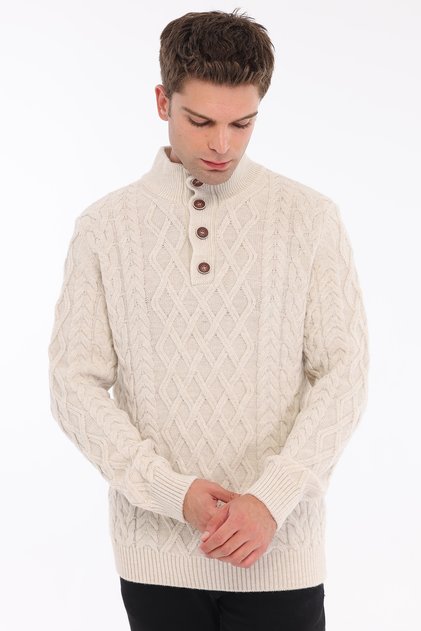 Beige Men's 80% Wool 20% Acrylic Hair Knit and Diamond Patterned Buttoned Stand Collar Knitwear Sweater Trist-5374